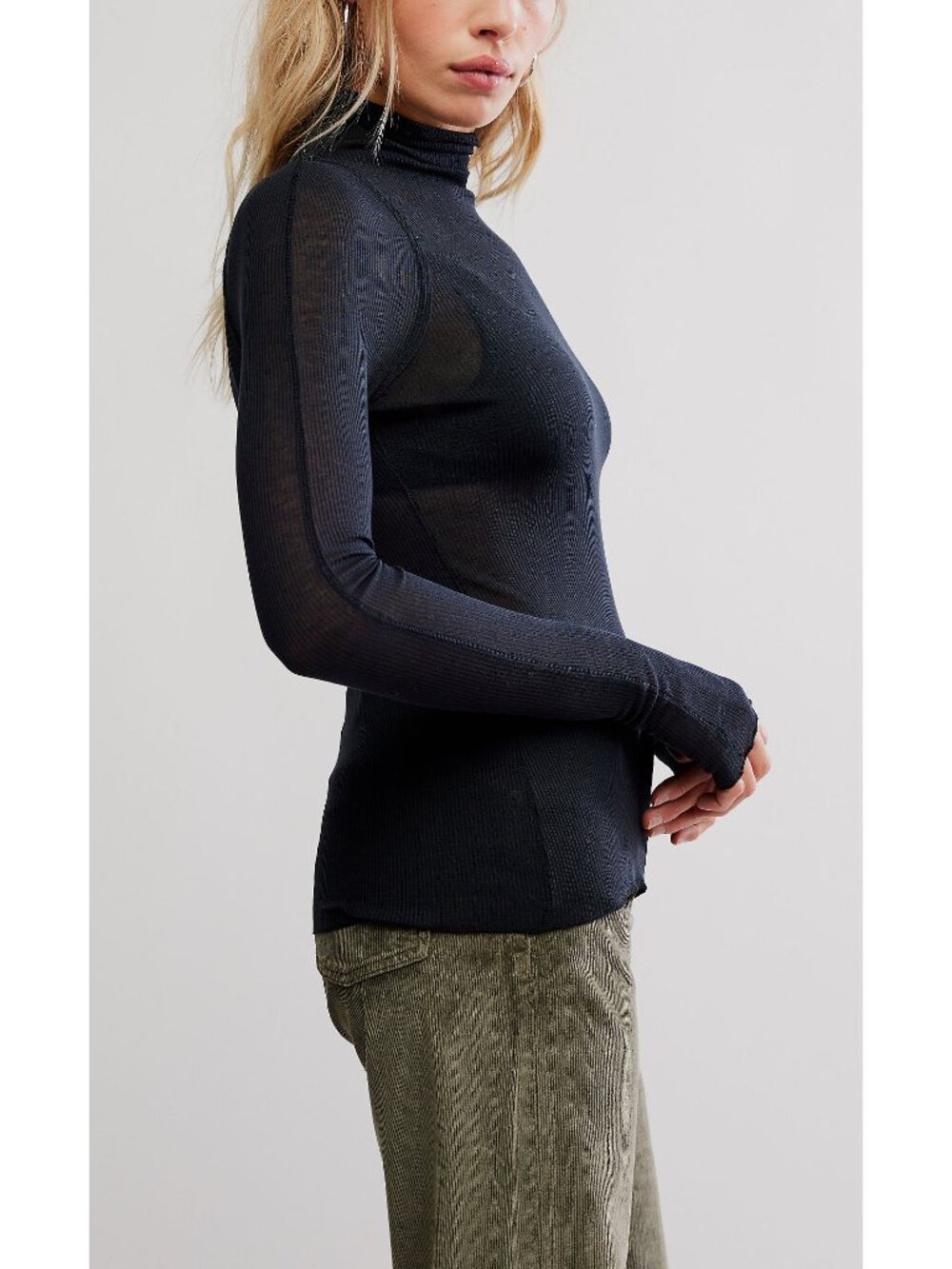 Free People Black Sheer Ribbed Long Sleeve Mock Neck Top - Picture 4 of 6